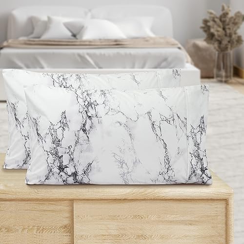 Valerian Marble Printed Pillowcases 2-Piece Set Egyptian Quality 1500 Thread Count Timeless Classic Designs Soft and Smooth Weave, Wrinkle Resistant,