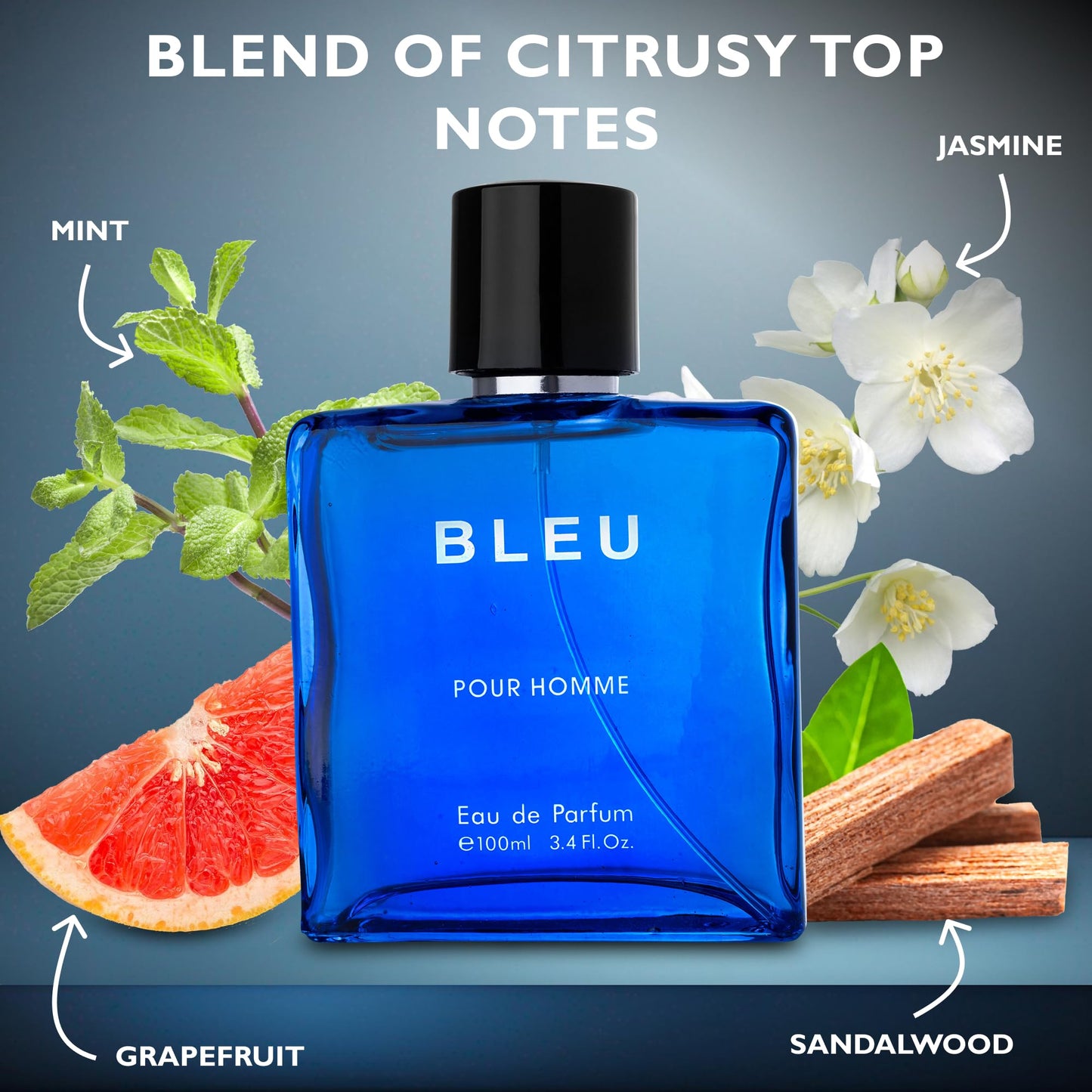 Bleu for Men Eau De Parfum - Blend of Citrusy Top Notes, Aromatic Spices & Warm Woody Undertones - Combination of Grapefruit, Lemon, Mint & Pink