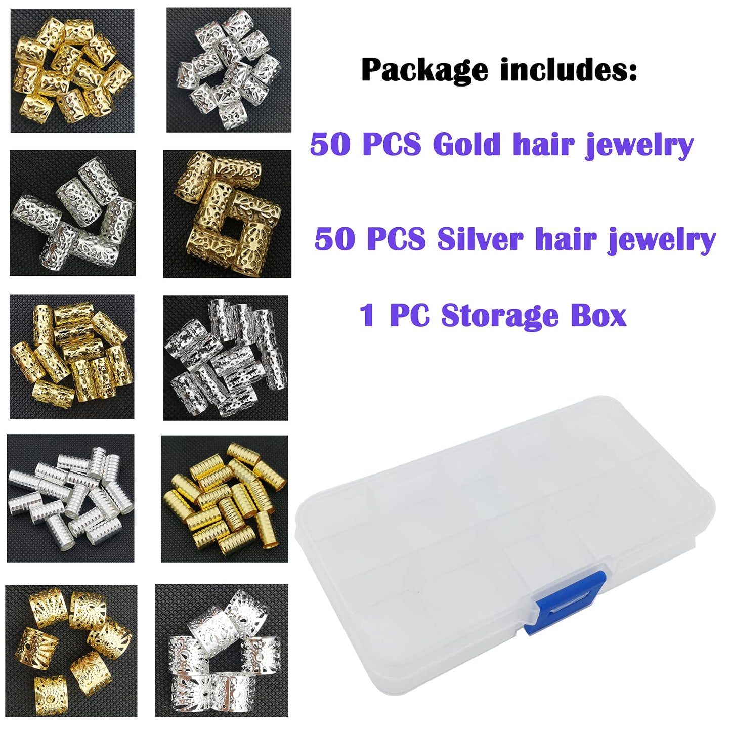 100 PCS Gold Hair Cuffs Hair Beads for Girls Silver Hair Jewelry for Braids Accessories, Flosius Hair Charms for Braids Dreadlock Accessories Loc