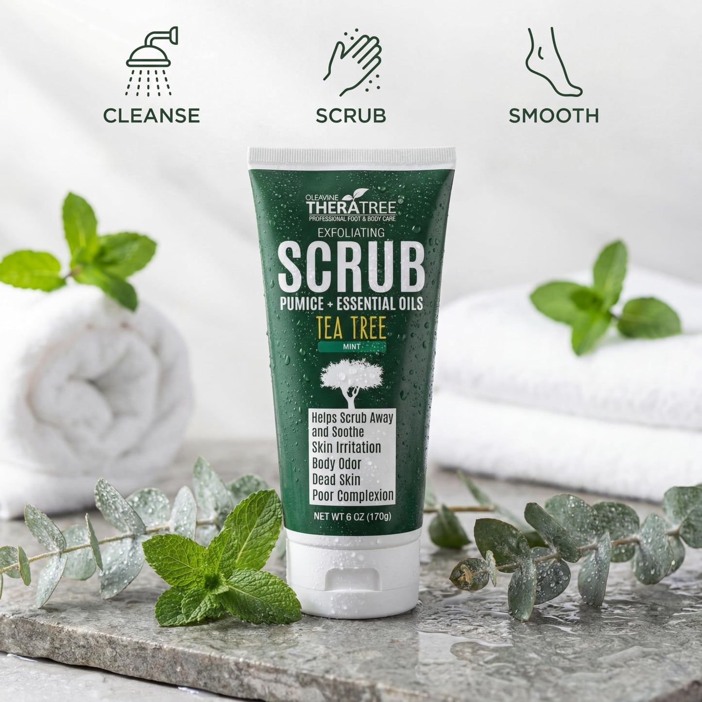 Tea Tree Oil Exfoliating Scrub with Bamboo Charcoal, Neem Oil & Natural Pumice by Oleavine TheraTree
