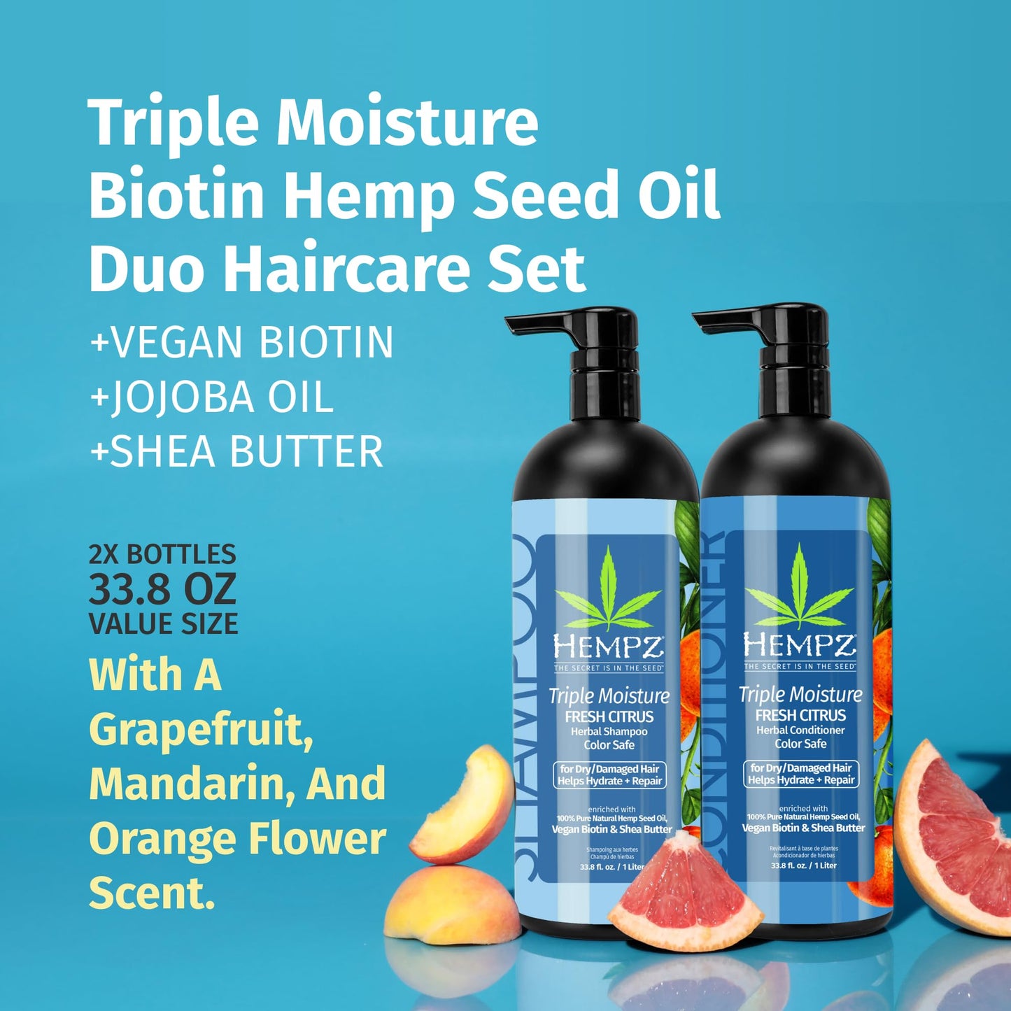 HEMPZ Hair Shampoo & Conditioner Set - Grapefruit & Peach Scent for Dry, Damaged and Color Treated Hair, Hydrating, Softening, Moisturizing