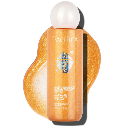 Pacifica Bronzing Body Oil - Crystal Bronze Shimmering Oil for Natural Sun-Kissed Glow, Hydrating Body Illuminator, Vanilla Coconut Scent, Vegan