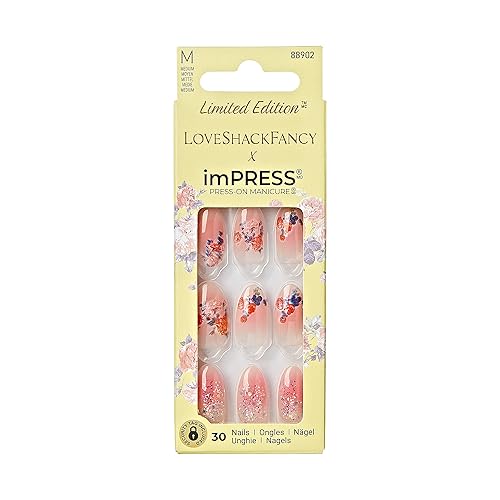 KISS LoveShackFancy x imPRESS Press-On Manicure Limited Edition, Style "Citrus Candy" Medium Almond Pink Press-On Nails, Includes Prep Pad, Mini Nail