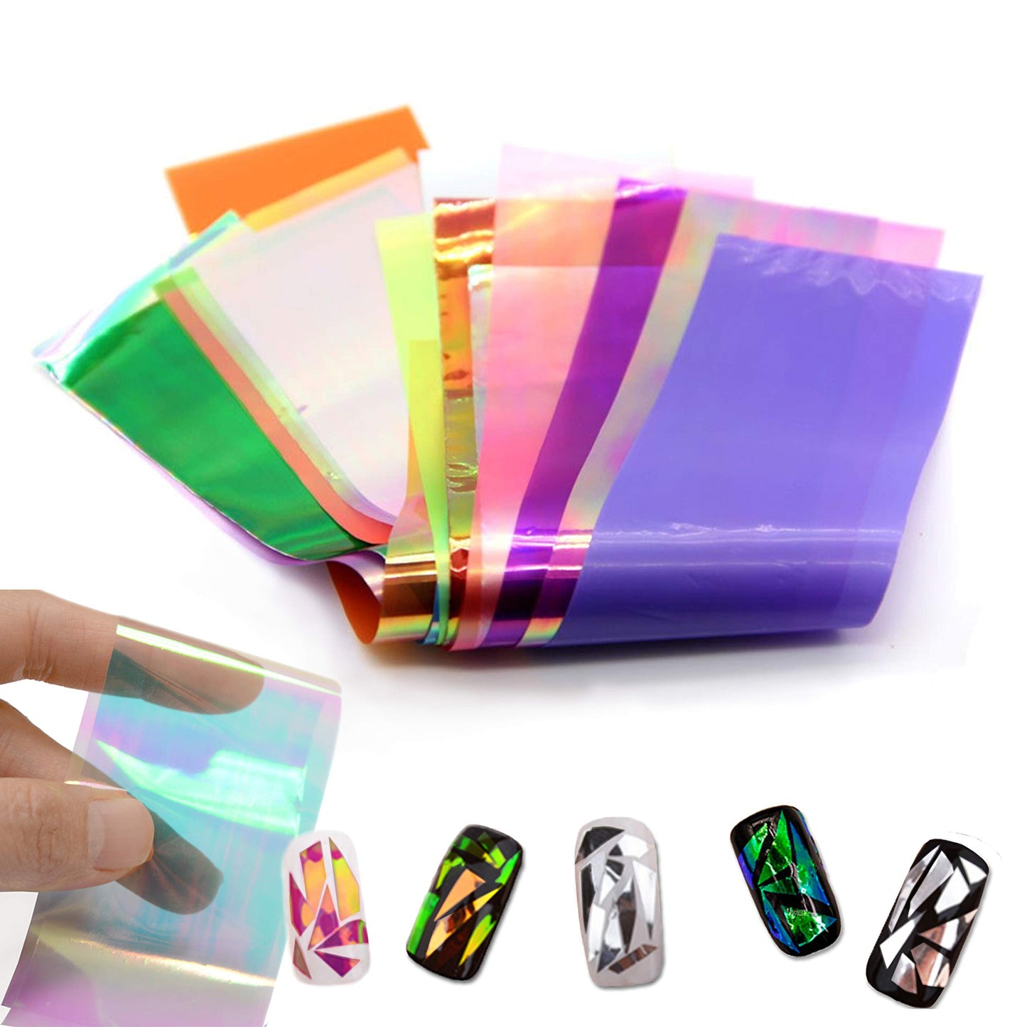 Beaute Galleria 24 Pieces Mixed Colors Nail Art DIY Holographic Shattered Broken-Glass Reflective Mirror Shard Effect Rainbow Thin Iridescent