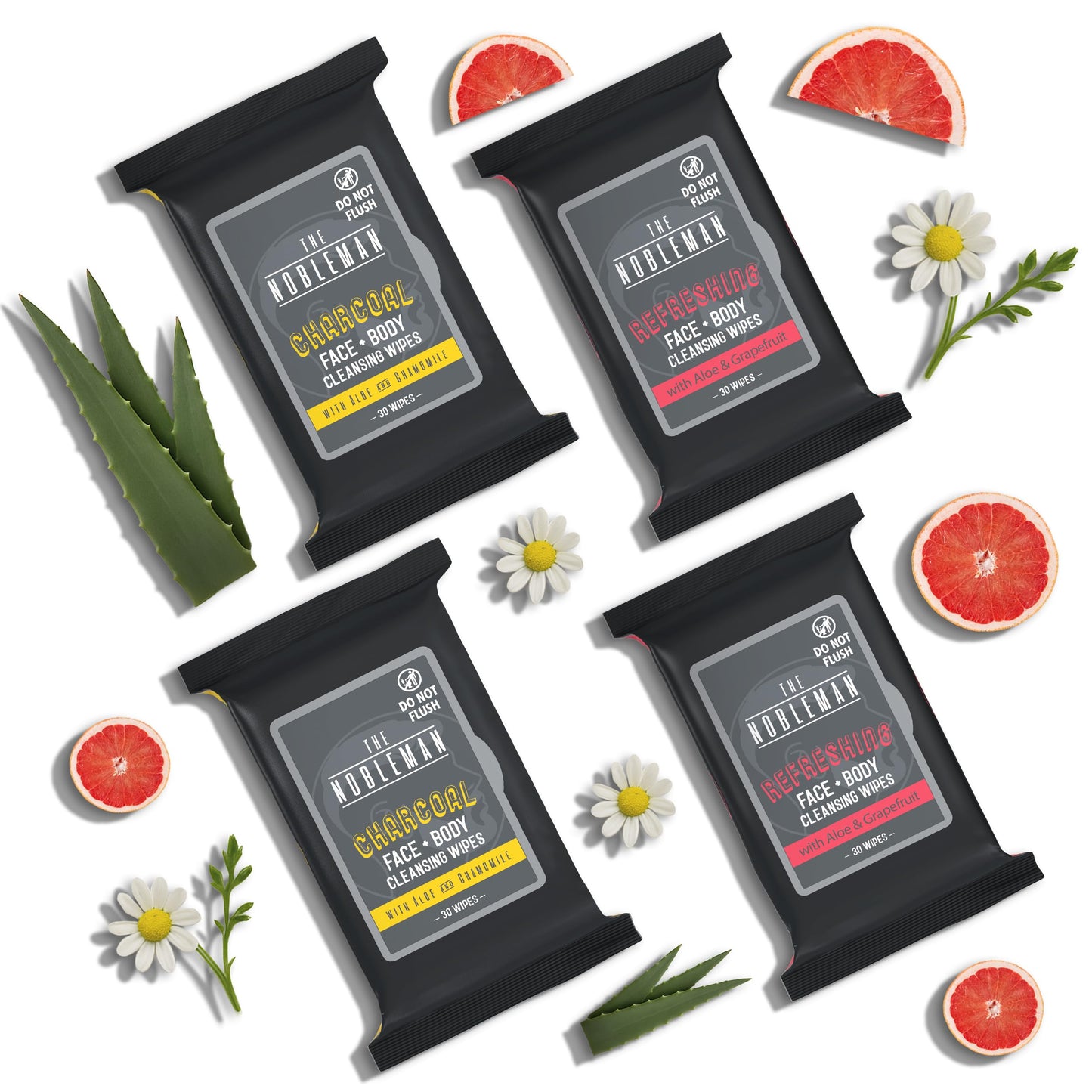 The Nobleman 4-Pack Face + Body Aloe Infused Cleansing Wipes: 2 Charcoal Packs with Chamomile and 2 Refreshing Packs with Grapefruit (120 Ct.)