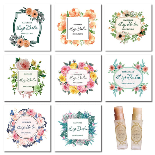 CRASPIRE 80Pcs 8 Styles Lip Balm Sticker Self-Adhesive Homemade Lip Balm Labels Floral Patter Square Printable DIY Label Stickers for Lip Balm Beauty and Personal Care CRASPIRE