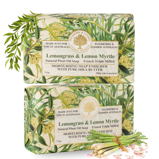 Wavertree & London Lemongrass & Lemon Myrtle Scented Natural Soap (2 Bars), 7oz Moisturizing French Triple Milled Soap Bars enriched with shea butter