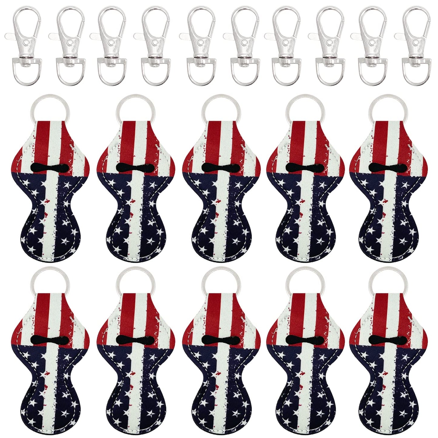 allydrew 10 Pack Chapstick Holder Keychain, Keyring for Lip Balm Lip Gloss Lipstick with 10 Pieces Metal Keyring Clasps, Patriotic Flag