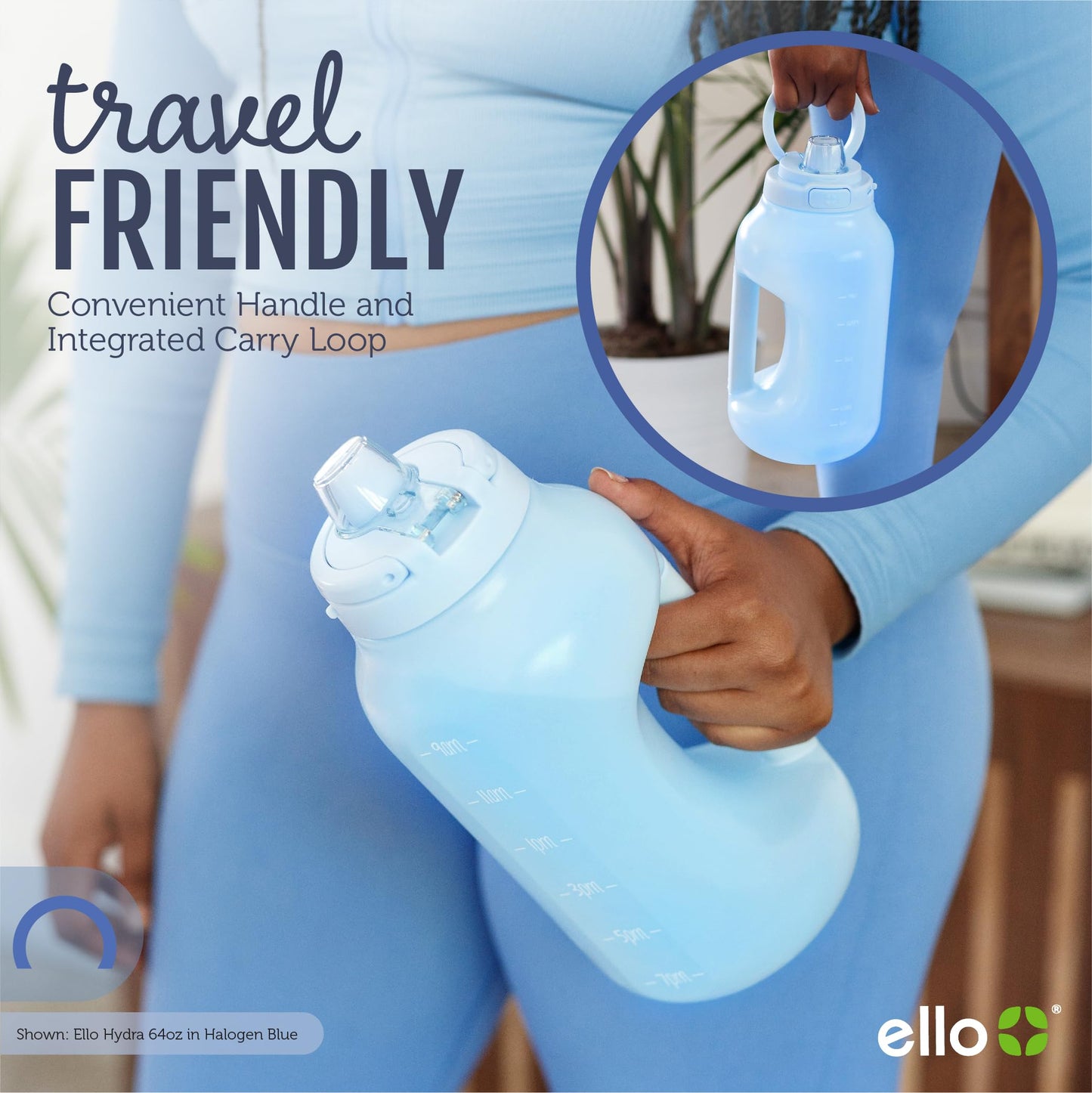 Ello Hydra 64oz Half Gallon Water Jug with Handle and Motivational Time Markers for All Day Hydration, Plastic Reusable Water Bottle with Straw…