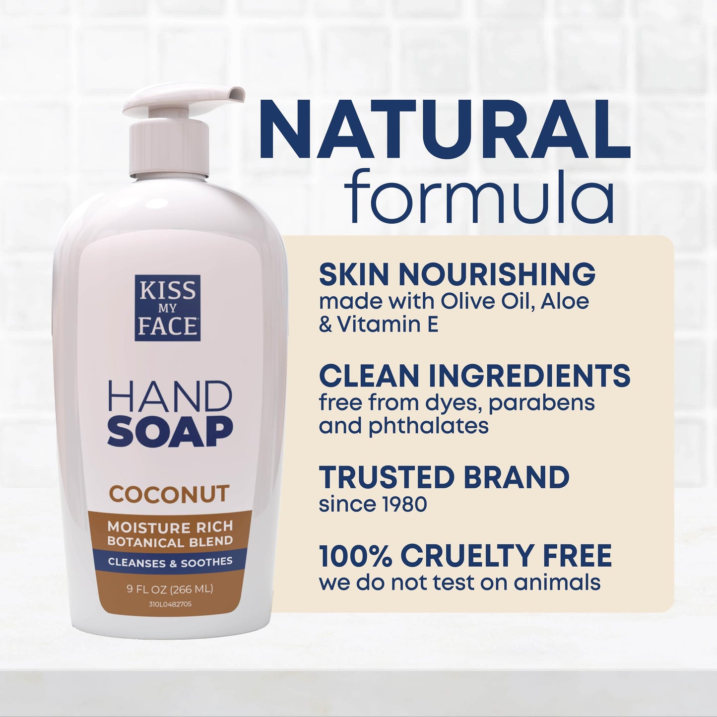 Kiss My Face Coconut Hand Soap, Tropical Moisture Cleanse, With Added Yarrow And Coconut Water, Easy To Use Hand Soap Pump, Coconut Scented, Cruelty