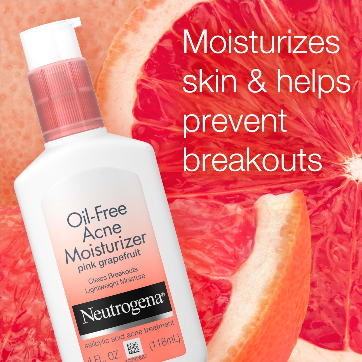 Neutrogena Oil Free Acne Moisturizer, .5% Salicylic Acid Acne Treatment, Pink Grapefruit Face Lotion for Breakouts, Non-Greasy & Non-Comedogenic, 4