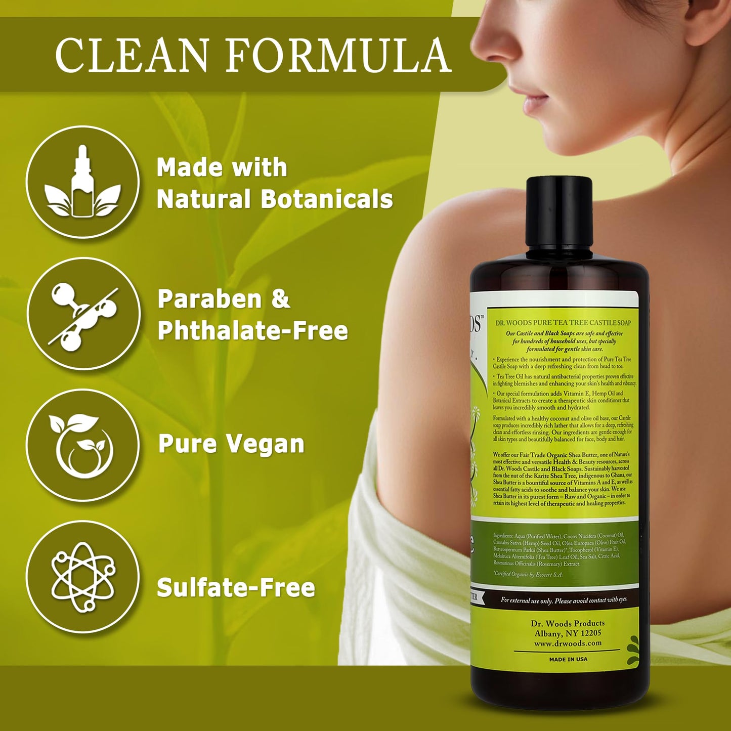Dr. Woods Tea Tree Liquid Castile Soap - Castile Soap with Pure Tea Tree Oil, Body Wash for Men and Women, Organic Shea Butter, Natural Cleaner
