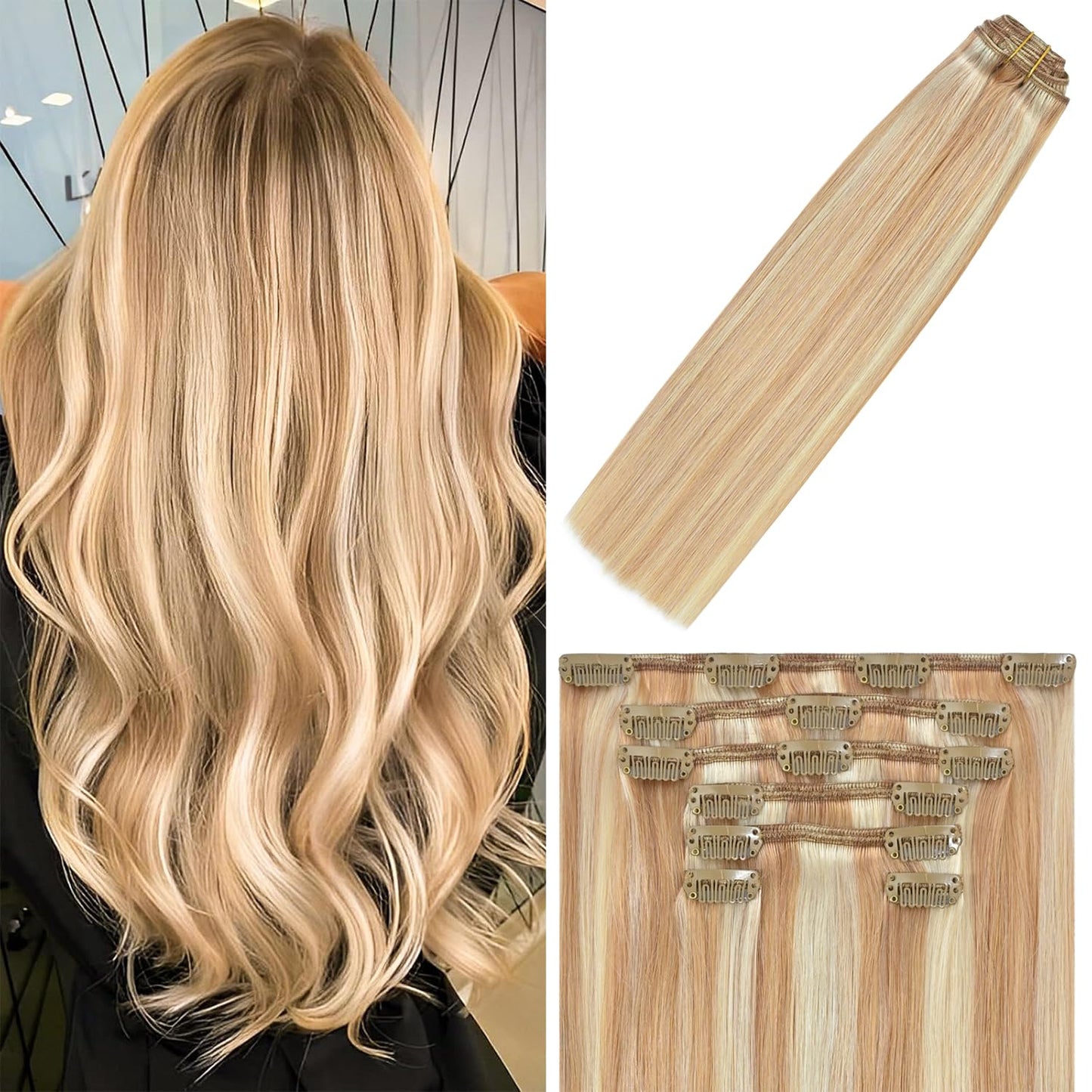 WindTouch Clip in Hair Extensions Human Hair Balayage Reddish Brown to Blonde Highlights for Blonde 75g 22Inch 7PCS #12P613