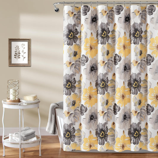 Lush Decor Leah Floral Shower Curtain, 72" W x 84" L, Yellow/Gray - Fabric Shower Curtains - Watercolor Botanical Bathroom Curtain - Farmhouse…