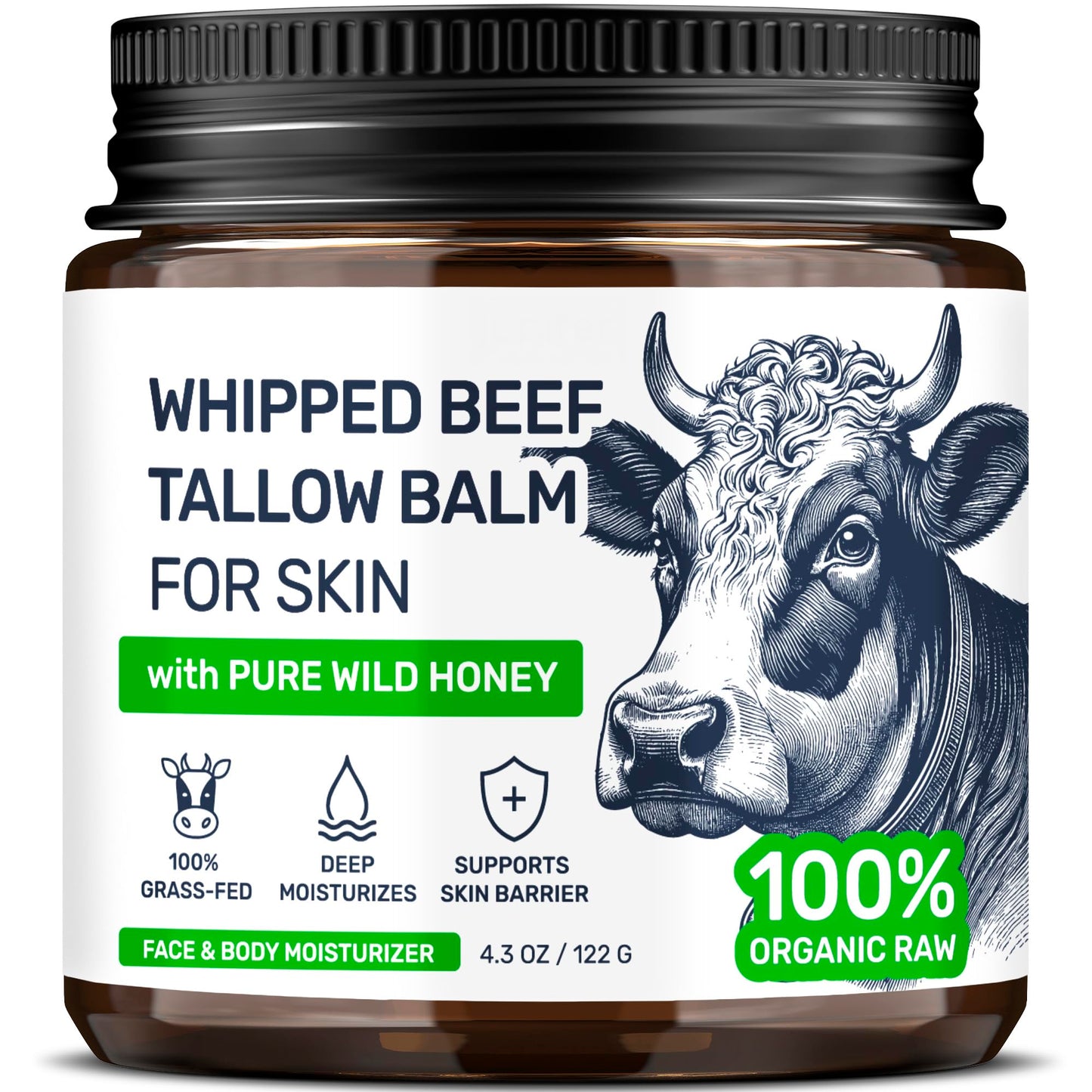 Beef Tallow for Skin - Grass Fed Whipped Tallow and Honey Balm for Face, 3-Ingredient Fragrance Free Beef Tallow for Face and Body with Beeswax Beauty and Personal Care Body Art