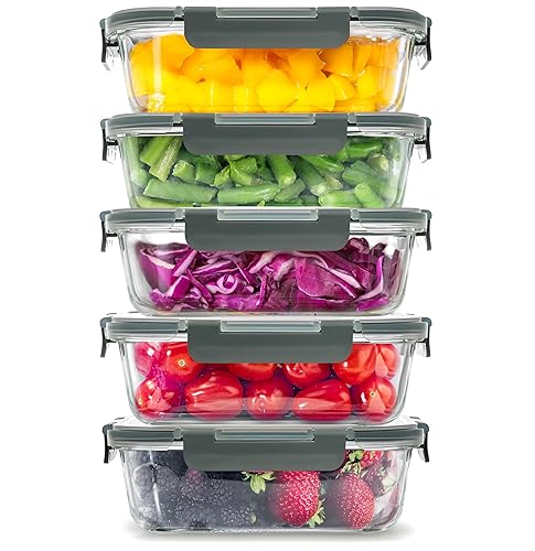 Zulay Kitchen 5 Pack Glass Meal Prep Containers with Lids - Airtight, Premium Borosilicate Glass Food Storage Containers - Microwave, Freezer & Oven…