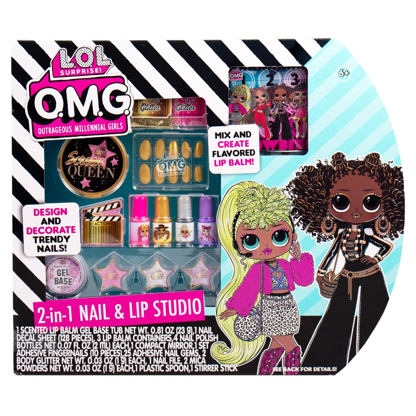 L.O.L. Surprise! O.M.G. 2-in-1 Lip & Nail Studio by Horizon Group USA, Double Feature Series, DIY Beauty Kit for Kids, Create 3 L.O.L. Surprise Lip