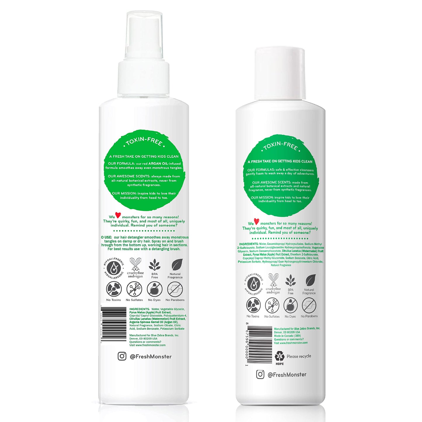 Fresh Monster Kids Hair Detangler Spray & 2-in-1 Shampoo & Conditioner Combo, Toxin-Free, Hypoallergenic & Natural, Watermelon (8.5 oz Detangler & 8.5