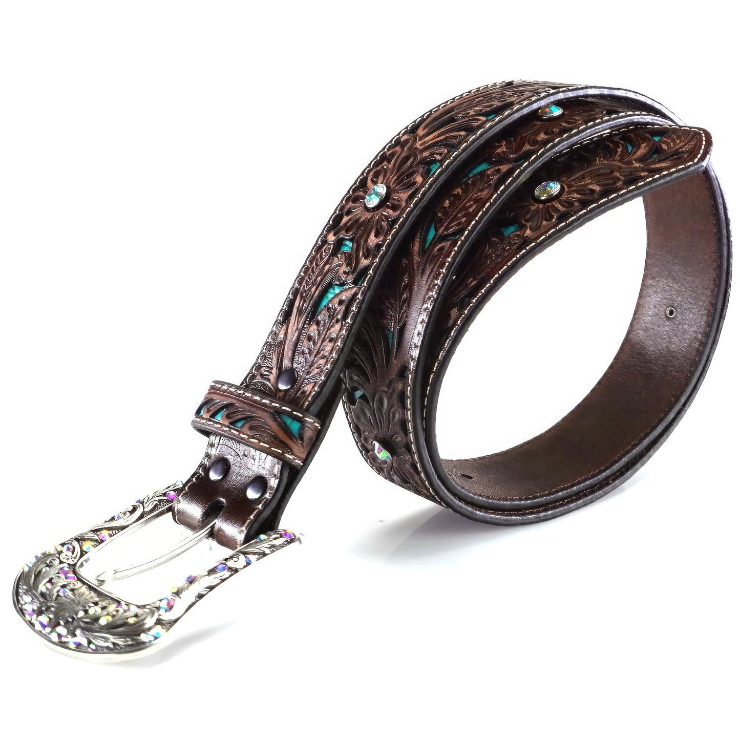 ARIAT Women's Turquoise Inlay Floral Bling Belt, Brown, Small