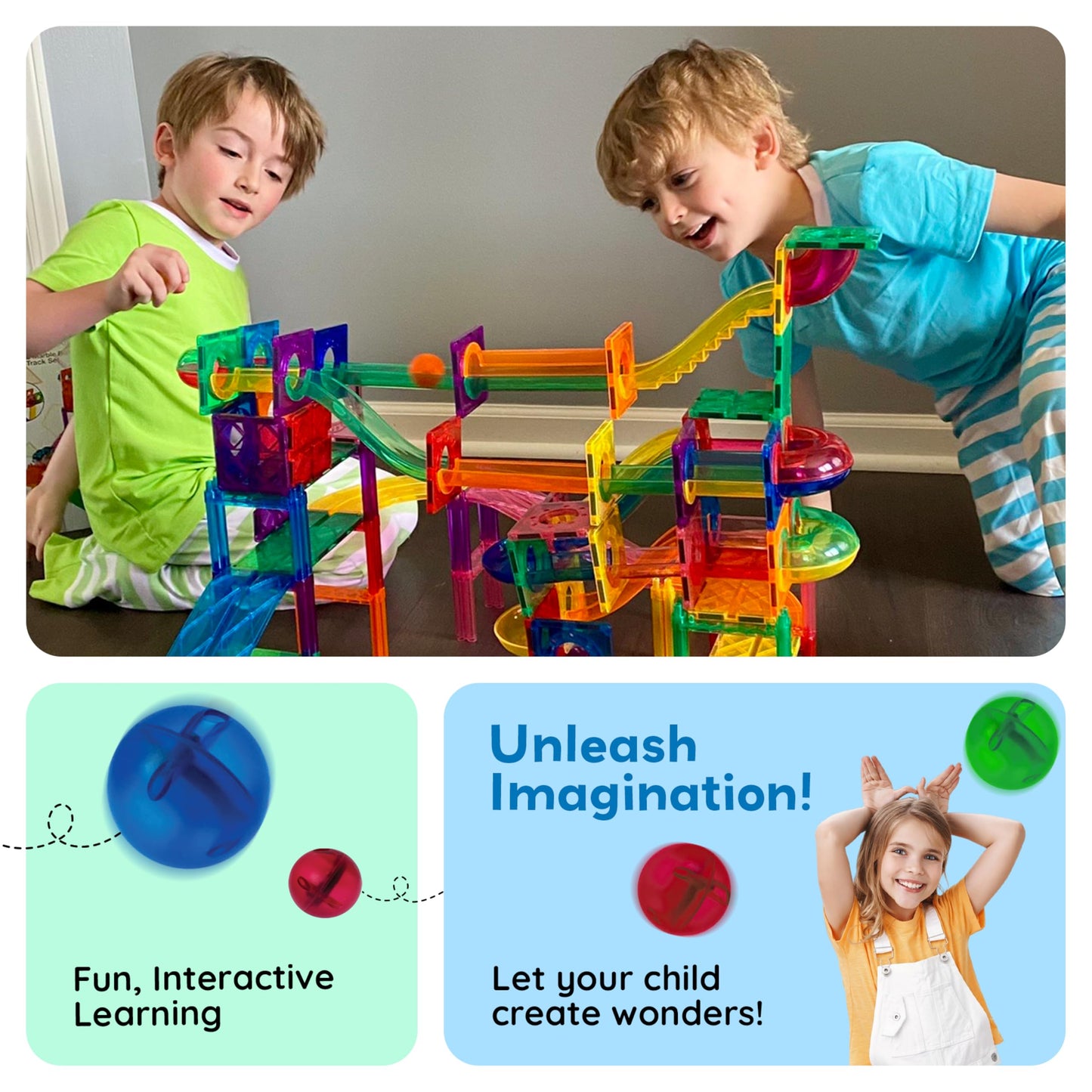 PicassoTiles 70pcs Marble Run Magnetic Tiles – STEM Building Set with Marbles for Kids Ages 3+, Educational Brain Development Toy PTG70