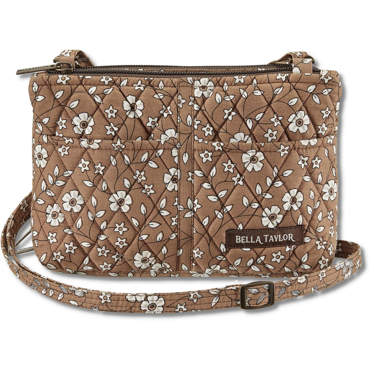 Bella Taylor Essentials Crossbody Purse with Built In Wallet, Quilted Cotton Vintage Vine Brown Floral