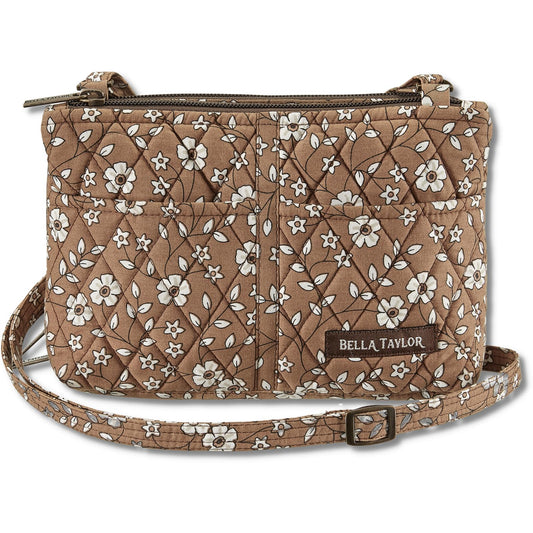 Bella Taylor Essentials Crossbody Purse with Built In Wallet, Quilted Cotton Vintage Vine Brown Floral