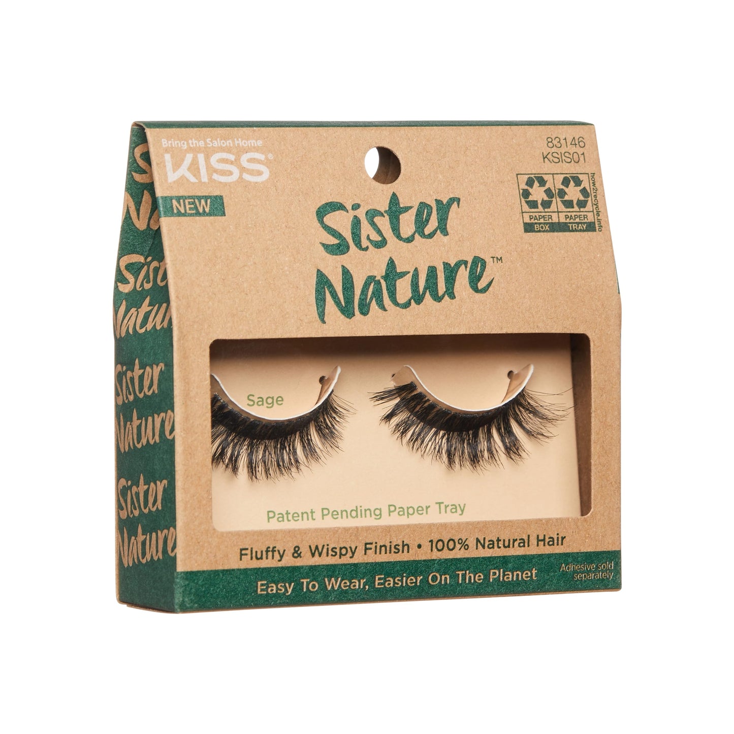 KISS Sister Nature False Eyelashes, 'Sage', 12 mm, 100% Natural Hair, Recyclable Paper Box, Printed with Soy Ink, Cruelty Free, Vegan, Includes 1 Pair