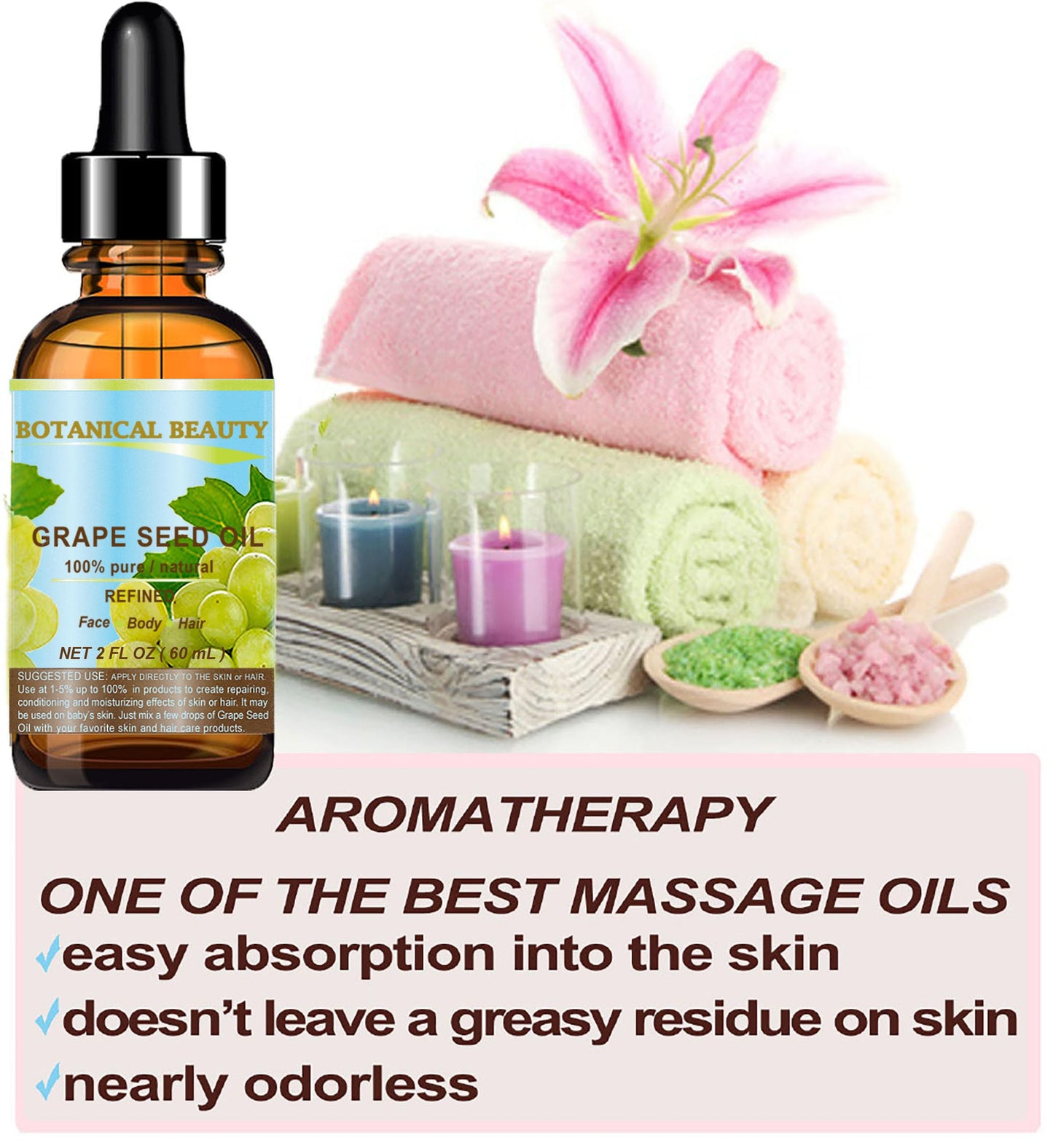 Botanical Beauty GRAPE SEED OIL 100% Pure Natural Undiluted Refined Cold Pressed Carrier Oil for Face, Skin, Body, Hair, Massage, Lip, Nails (2 Fl Oz