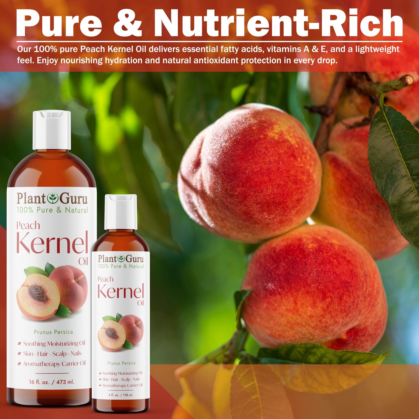 Plant Guru Peach Kernel Oil 8 fl. oz. Cold Pressed 100% Pure & Natural Carrier - Ideal for Skin, Face, Body, and Hair Moisturizer. Great for DIY Beauty & Personal Care Plant Guru