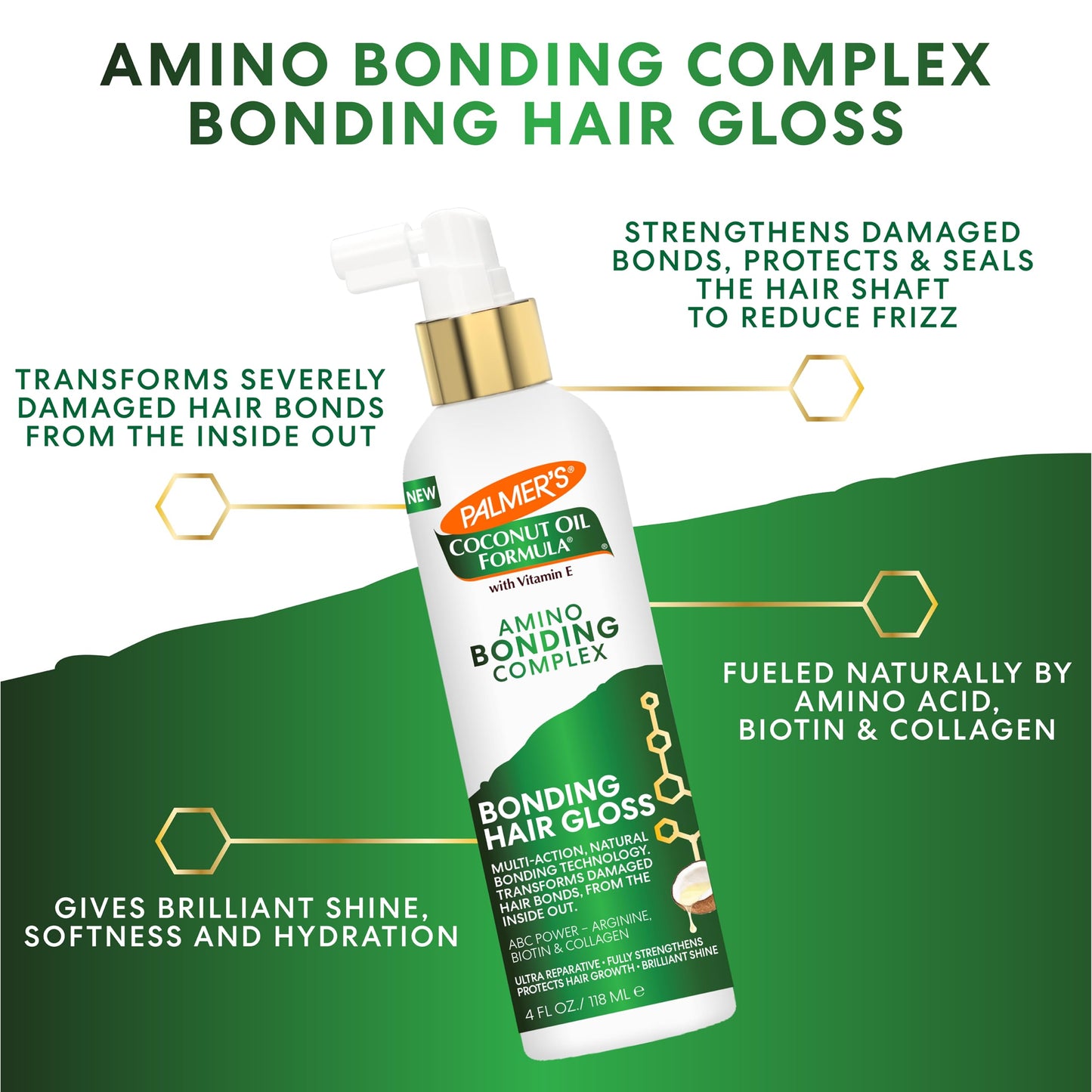 Palmer's Amino Bonding Complex Hair Gloss, Hair Shine Spray with Coconut Oil & Vitamin E, Hydrating, Heat Protectant, Anti Frizz, Adds Shine