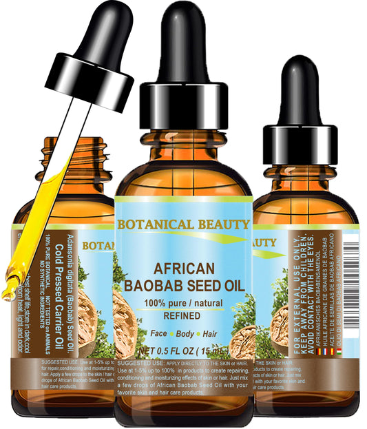 Botanical Beauty BAOBAB SEED OIL 100% Pure Natural Refined Cold-Pressed Carrier Oil 0.5 Fl oz 15 ml For Face Skin Body Hair Lip Nails Rich in Vitamin