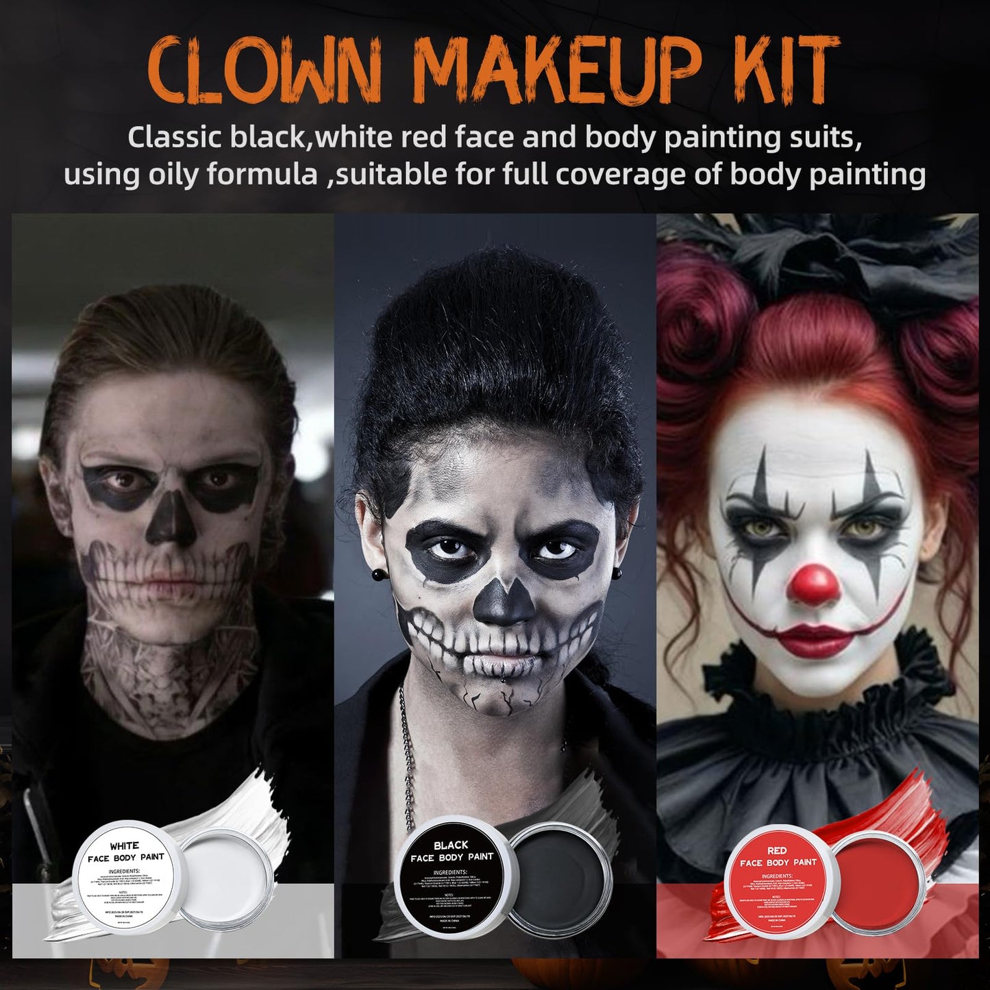 White Black Red Oil Face Body Paint Set,Halloween Joker Clown Makeup Kit with 3 Brushes, Professional Black White Red Face Body Painting Kit