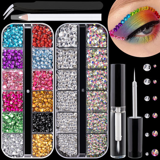 Flat Back Rhinestone Kits Colorful Rhinestones+Crystal AB&Transparent White Face Gems Nail Gem with Quick Dry Makeup Glue+Picker Pencil+Tweezer
