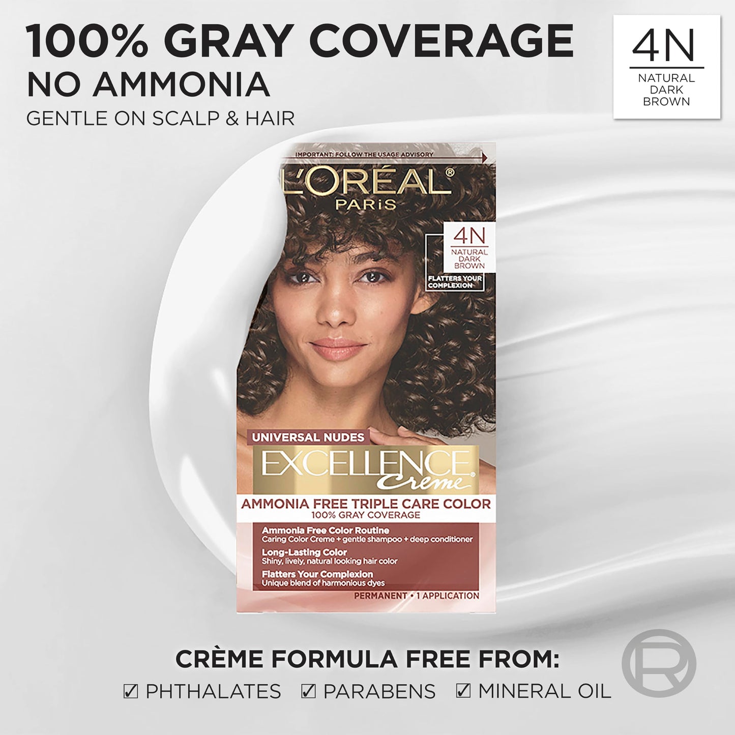 L’Oreal Paris Excellence Universal Nudes Permanent Hair Color, Ammonia Free Hair Dye for Gray Hair Coverage, 4N Natural Dark Brown, 1 Kit (Pack of 2)