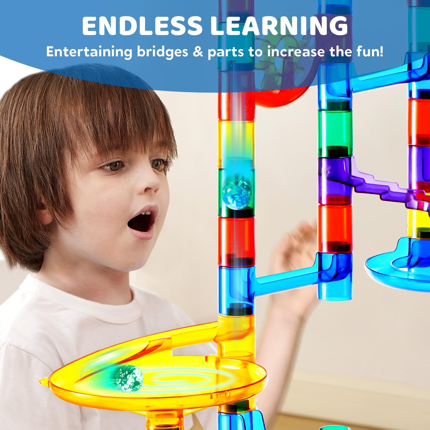 JOYIN 207pcs Glowing Marble Run – STEM Building Blocks Toy with 5 Glow-in-the-Dark Glass Marbles, Educational Construction Set for Kids