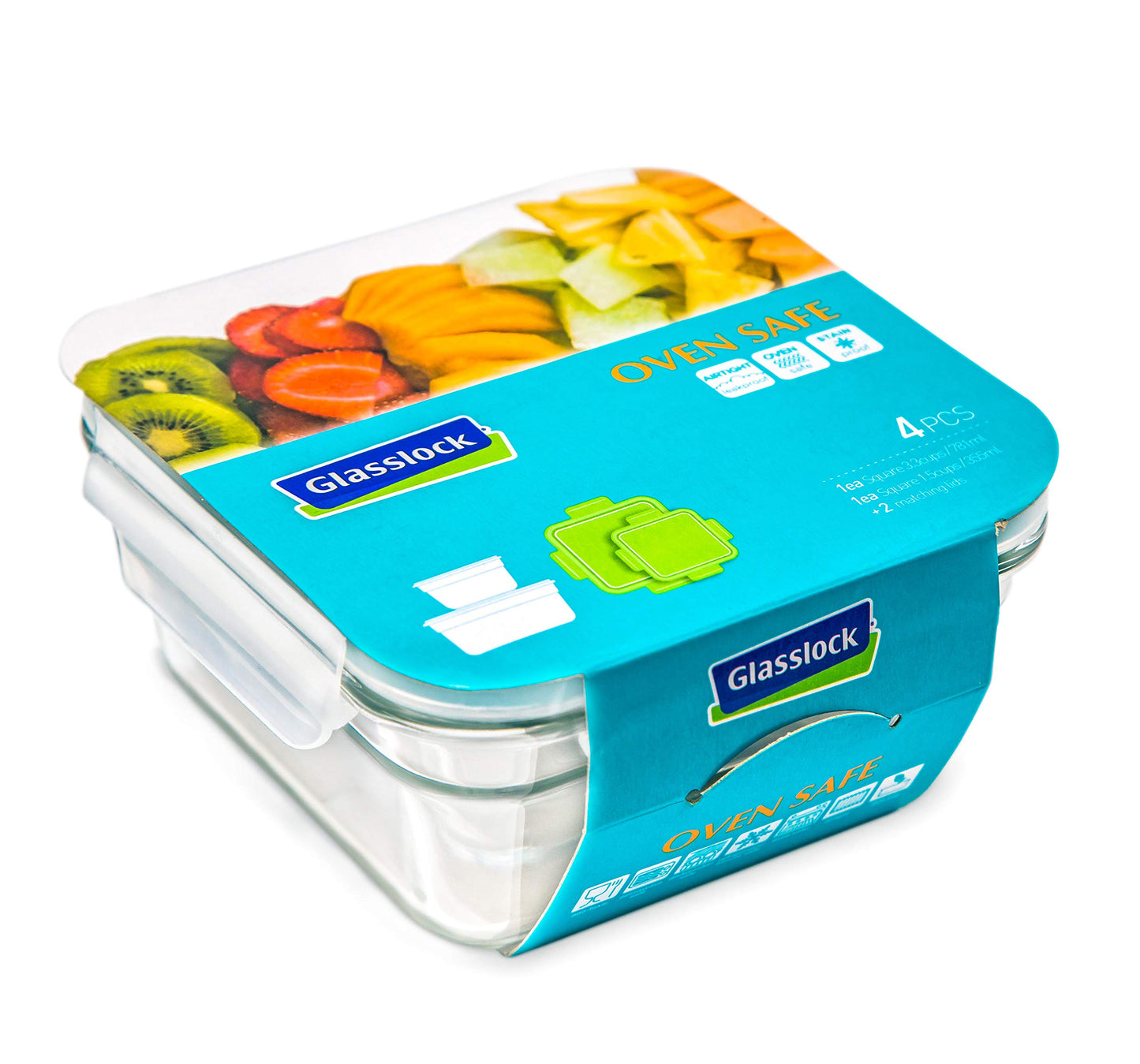 Glasslock Snaplock Lid Tempered Storage Square Containers 26oz & 12oz Anti Spill Microwave & Oven Safe (4 piece)