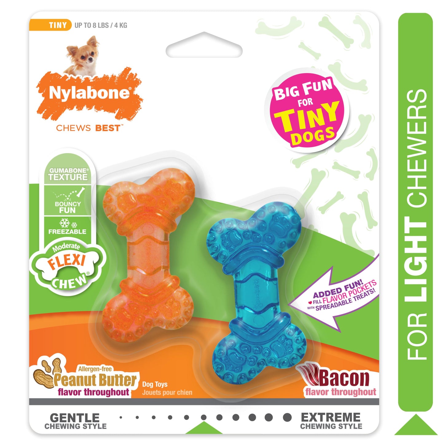 Nylabone Moderate Flexi Chew Bones – Peanut Butter & Bacon Flavor, XX-Small/Tiny Dogs, 2 Count