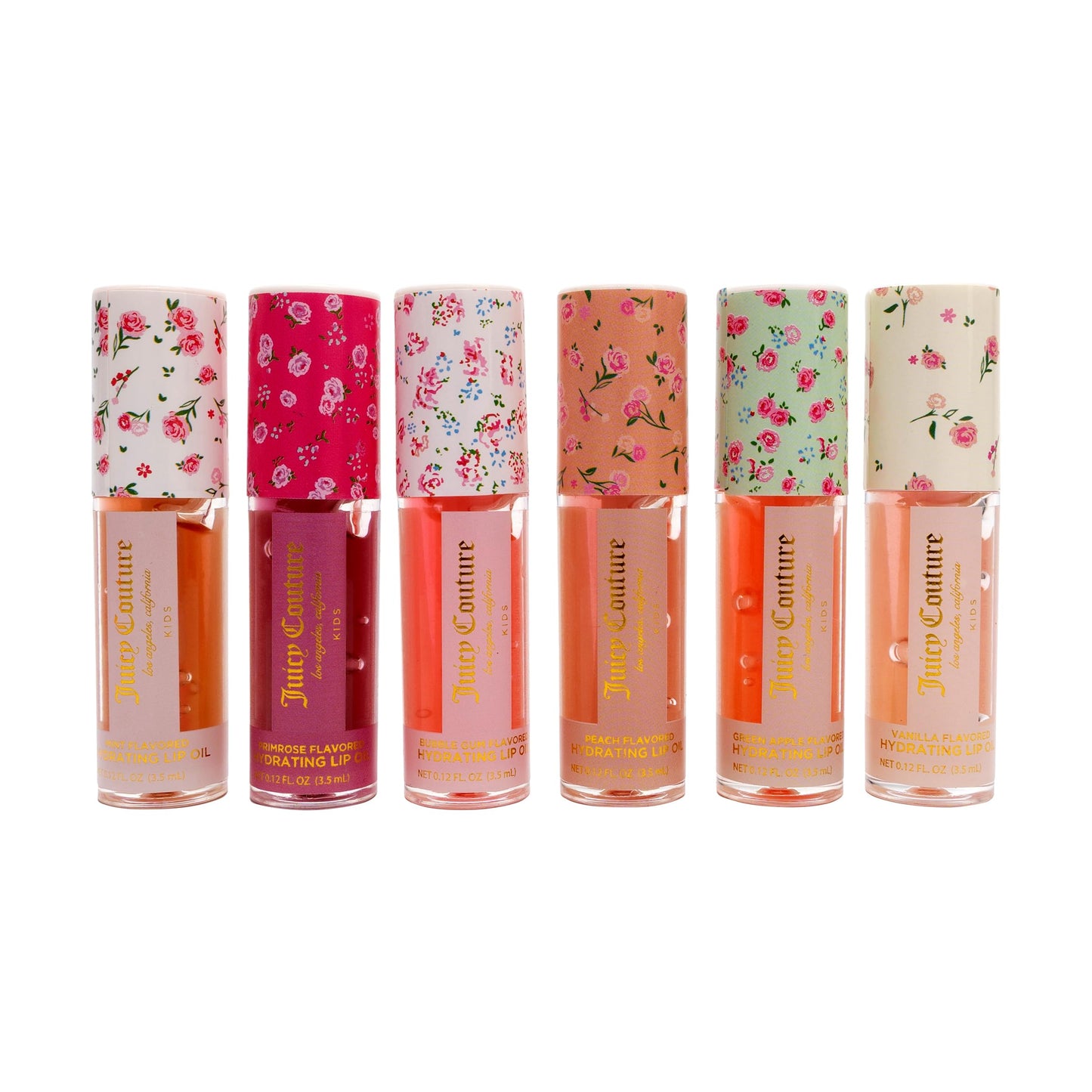 Juicy Couture Kids Hydrating Lip Oil Set, 6 Pack Floral Tubes, Tinted Lip Oil Gift Set for Girls and Tweens