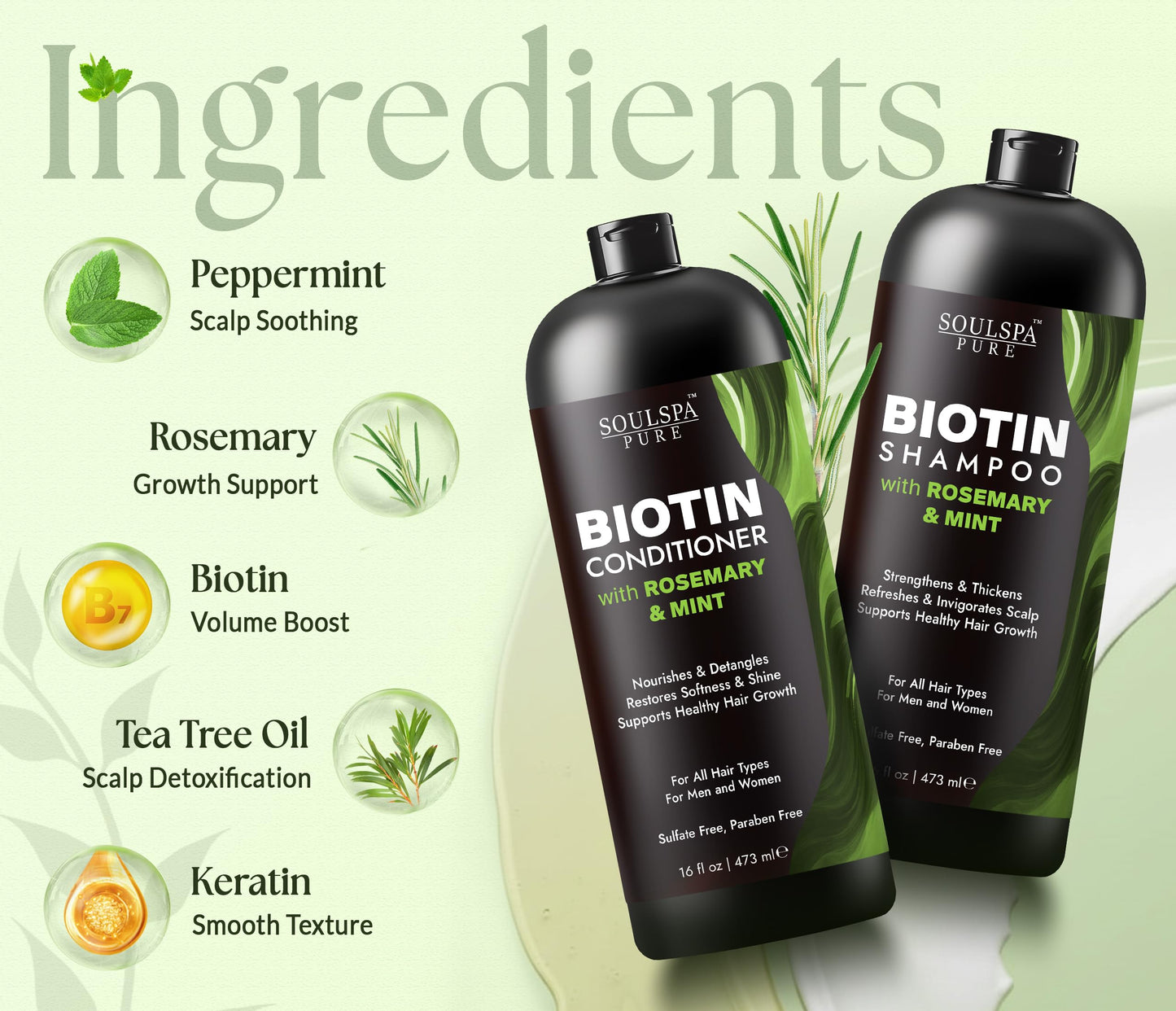 SOULSPA PURE Biotin Rosemary Shampoo and Conditioner Set - Sulfate Free Scalp Care & Hair Strengthening for Thinning, Color-Treated Hair - Rosemary
