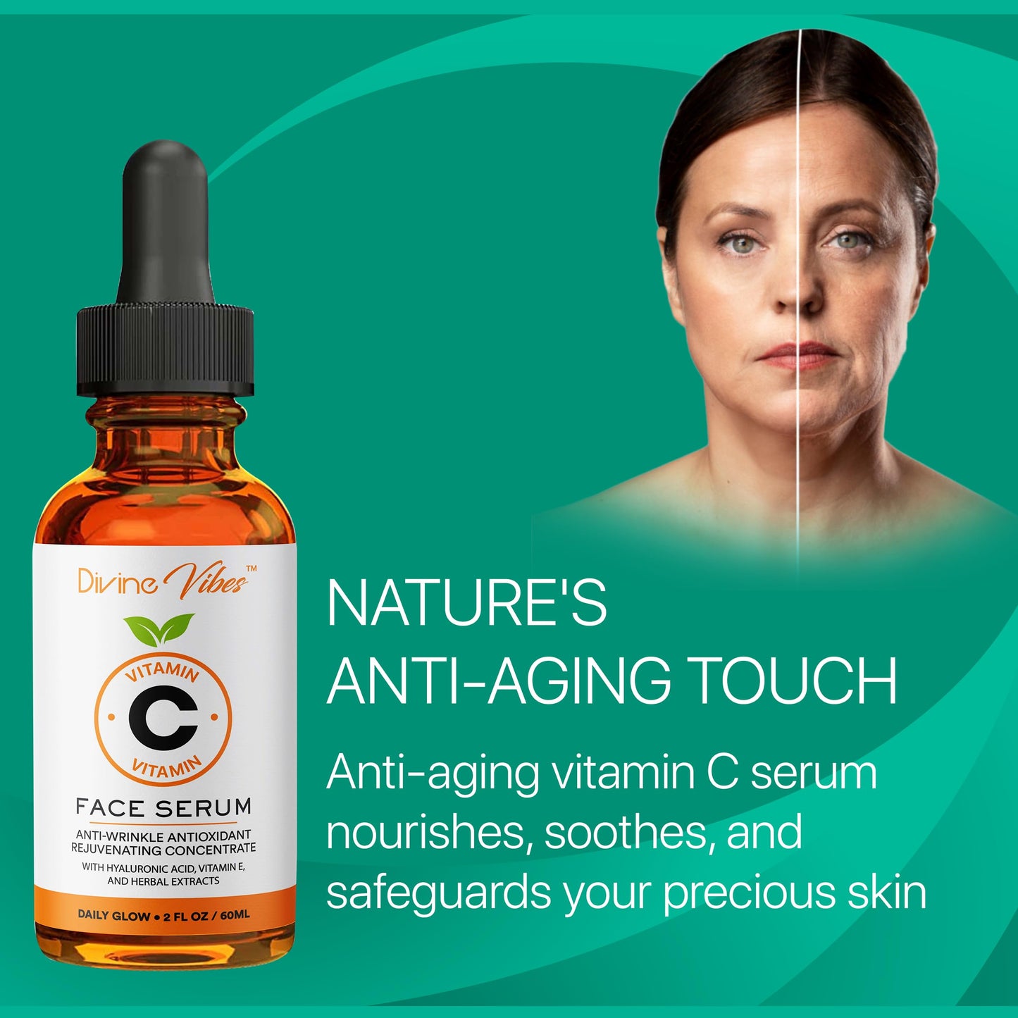 100% Pure Vitamin C Serum for Face - Face Serum for Fine Lines with Hyaluronic Acid, Vitamin E, Herbal Antioxidant Extracts - Smooth, Tight, Firm