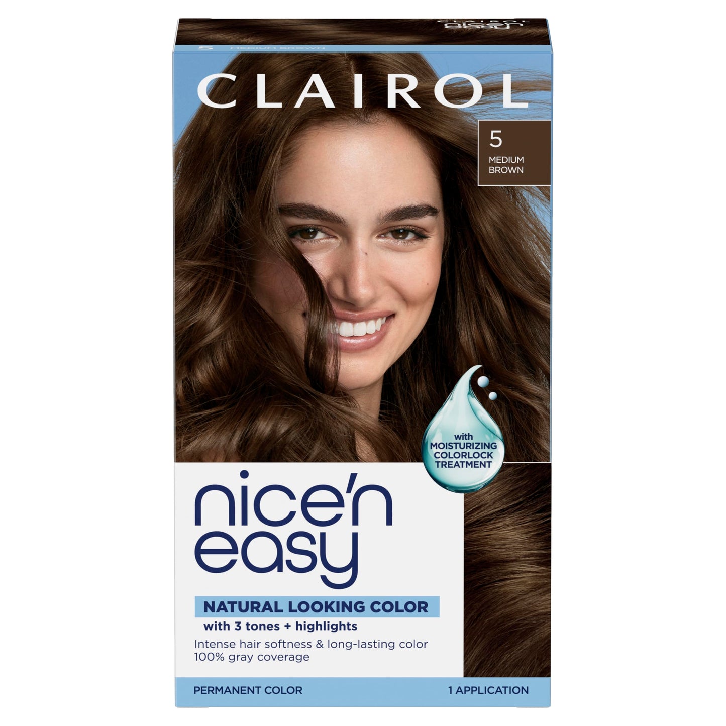 Clairol Nice'n Easy Permanent Hair Dye, 5 Medium Brown | 100% Gray Coverage | Long?Lasting, Natural?Looking Color & Shine | Pack of 1
