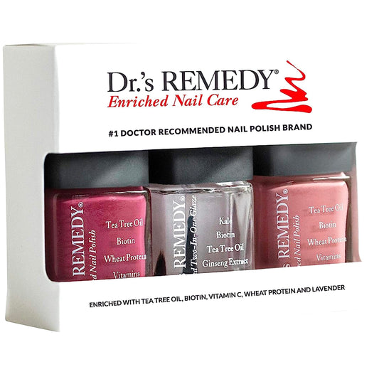 Dr’s Remedy 3 Pack Nail Polish Kit, ANNIVERSARY Kit, All Natural Enriched Nail Strengthener Non Toxic and Organic - BRAVE Berry/TOTAL Two-in-One