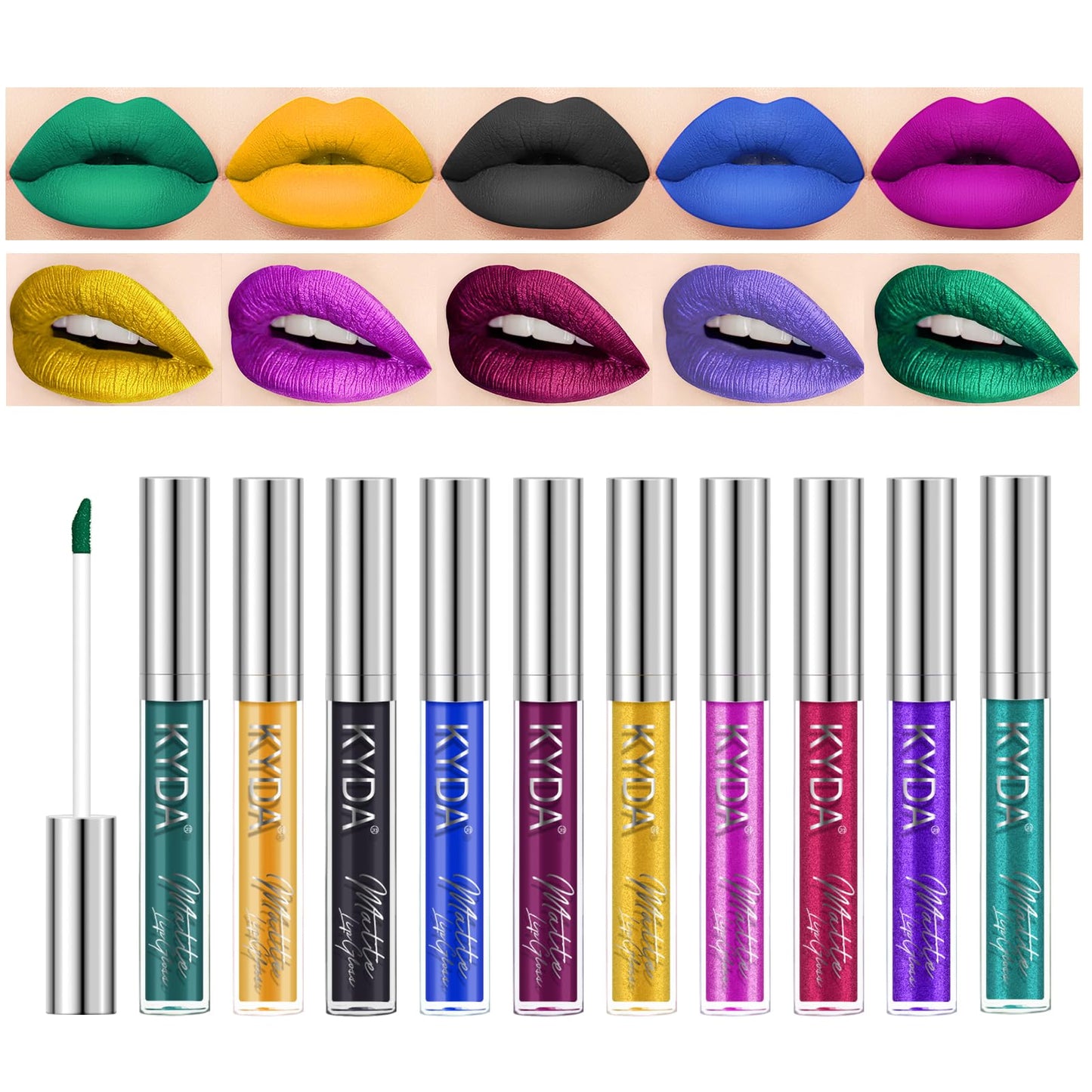 KYDA 10 Colors Lipstick Set, 5 Matte Velvet & 5 Shimmer Metallic Lips Color, Non-Stick Cup Long Wear Lip Glaze, High Pigmented Lipstick Cosmetic Gift