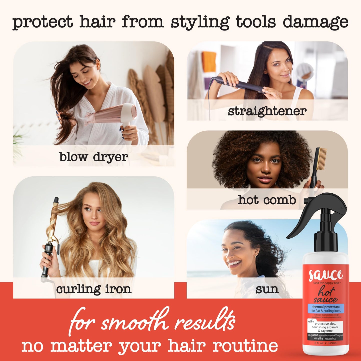 SAUCE BEAUTY Hair Heat Protectant Spray (8 Fl Oz) Hot Sauce Thermal Protectant Spray with Argan Oil, Aloe & Cayenne, Anti Frizz & Adds Shine, Blow Dry