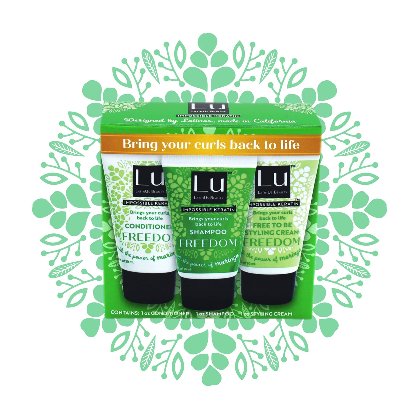 Lu by LatinUs Beauty Freedom Travel Size Collection | Shampoo, Conditioner & Styling Cream with Impossible Keratin™, Moringa Oil, Cruelty Free