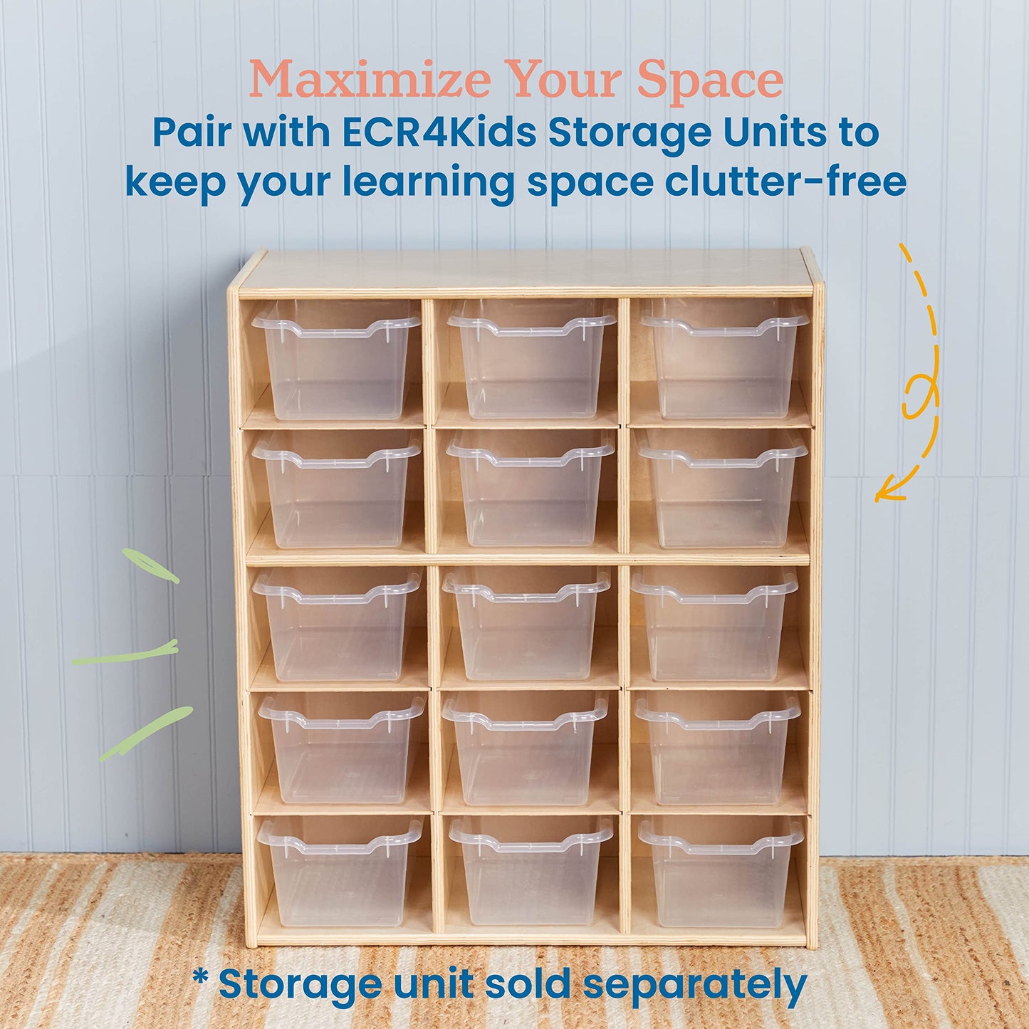 ECR4Kids Scoop Front Storage Bin, Multipurpose Organization, Clear, 15-Piece