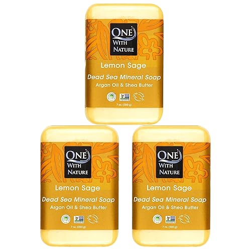 One With Nature Dead Sea Salt Lemon Sage Soap 7oz 3-Pack - Purifying and Exfoliating Soap Bar with Dead Sea Minerals for Face & Body, for Men & Women
