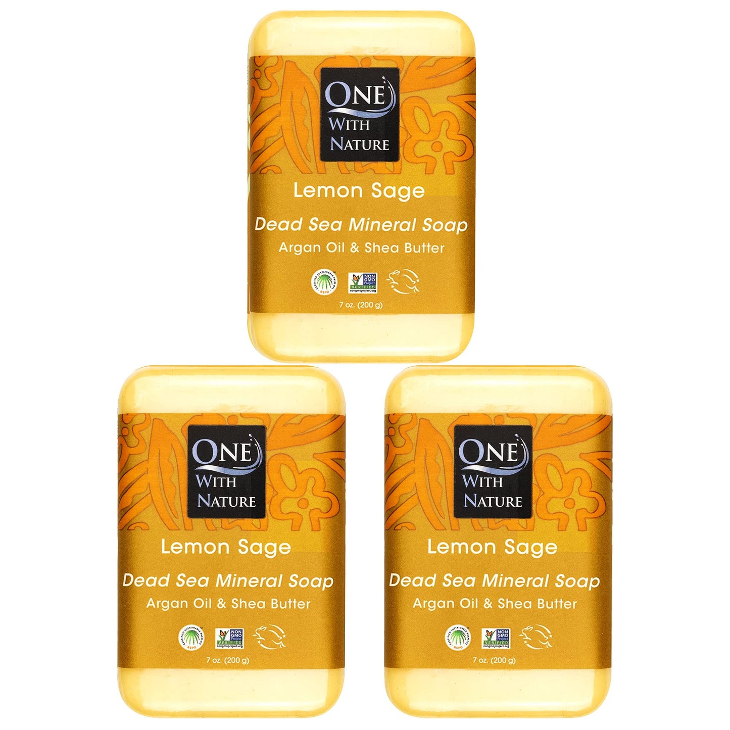One With Nature Dead Sea Salt Lemon Sage Soap 7oz 3-Pack - Purifying and Exfoliating Soap Bar with Dead Sea Minerals for Face & Body, for Men & Women