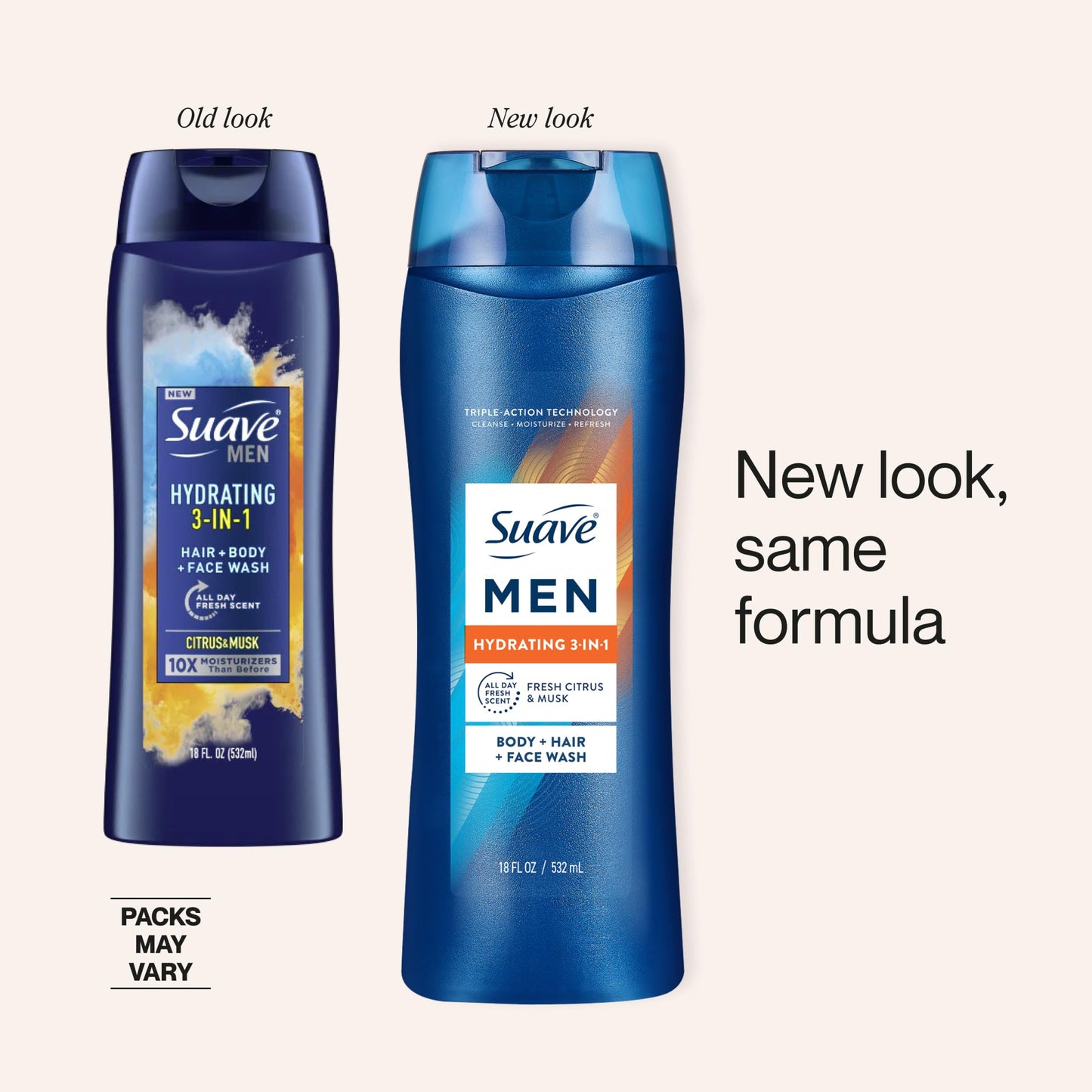 Suave Men Hydrating 3-in-1 Body + Hair + Face Wash with Glycerin & Vitamin E, Cleanse, Moisturize, Refresh, No Parabens or Pthalatates, Long-Lasting Beauty and Personal Care Suave