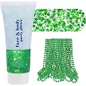 St Patricks Day Accessories Green Face Glitter & 10 PCS 7mm 33’ St Patricks Day Decorations Green Beaded Necklace Set, Christmas Glitter for Hair